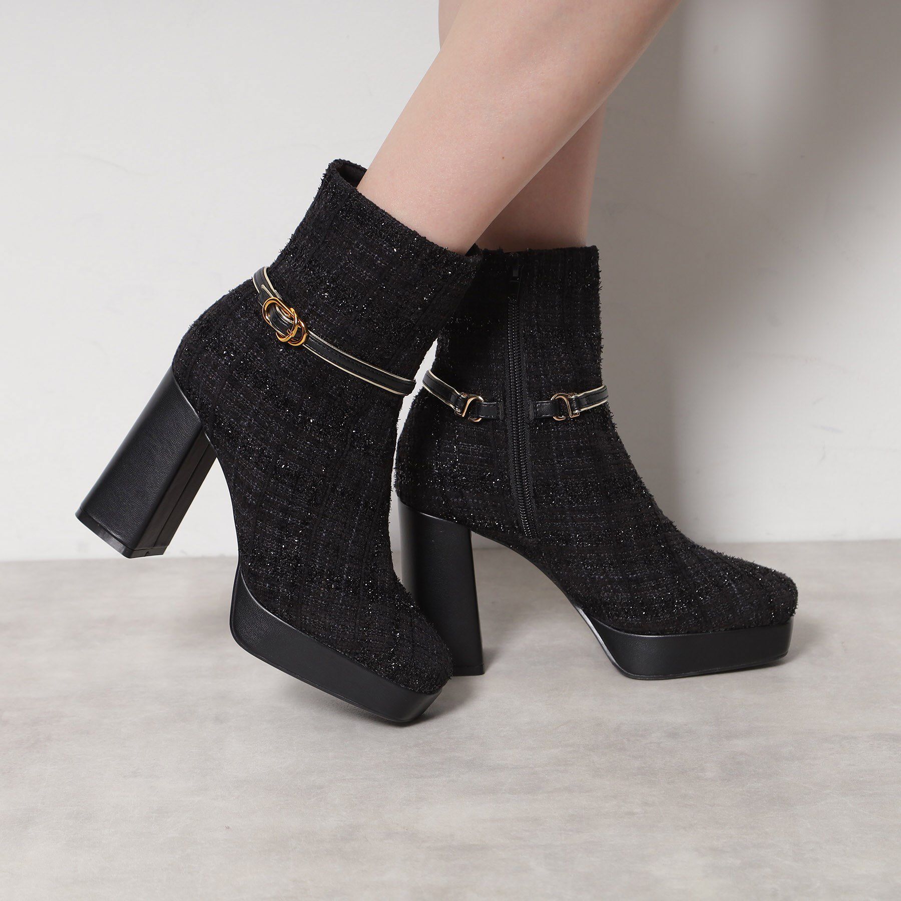 ESPERANZA「【EC先行販売】スクエアツイードショートブーツ」|ショートブーツ|ブラック(319)