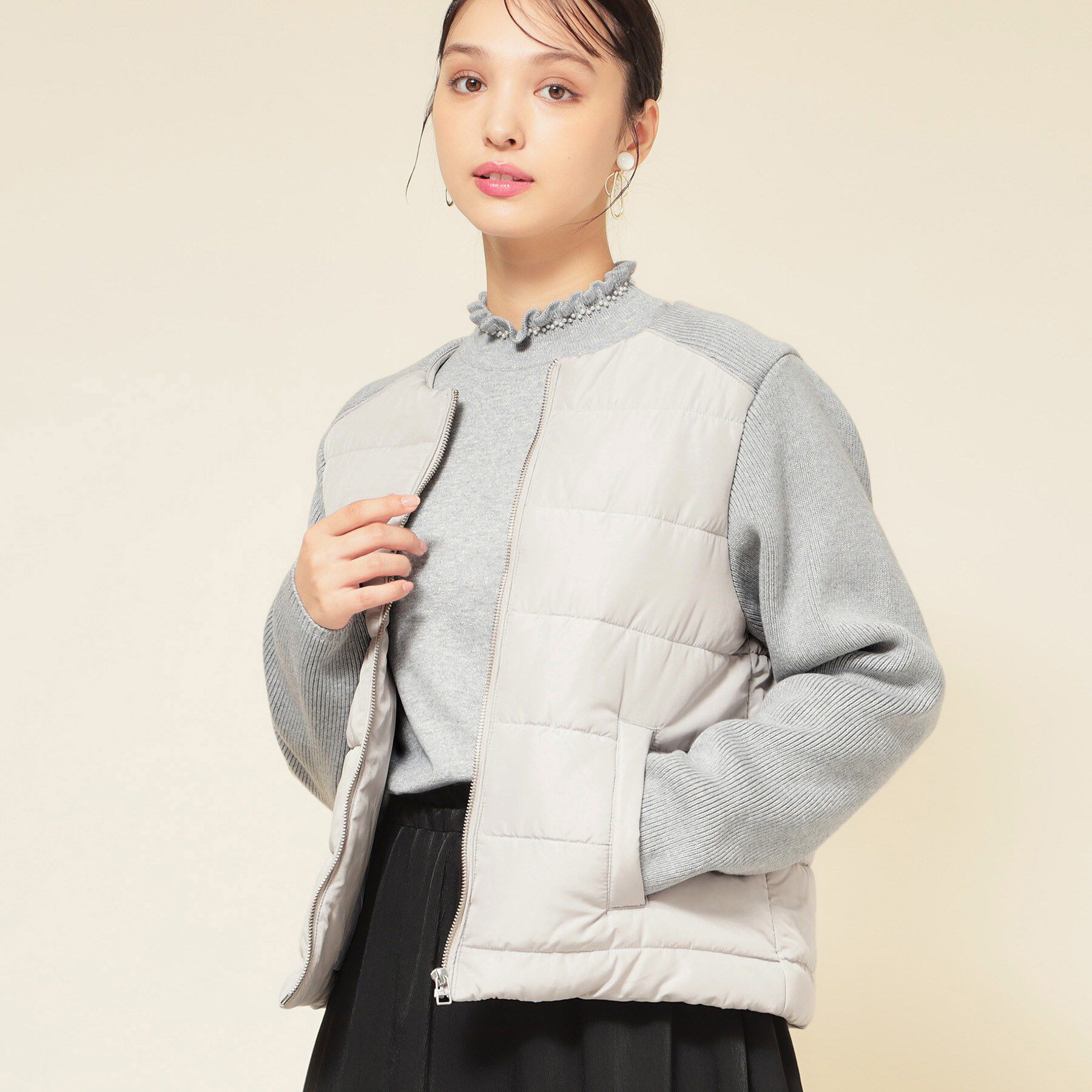 SunaUna「【中綿／キルト】ノーカラーブルゾン」|ノーカラージャケット|チャコールグレー(0