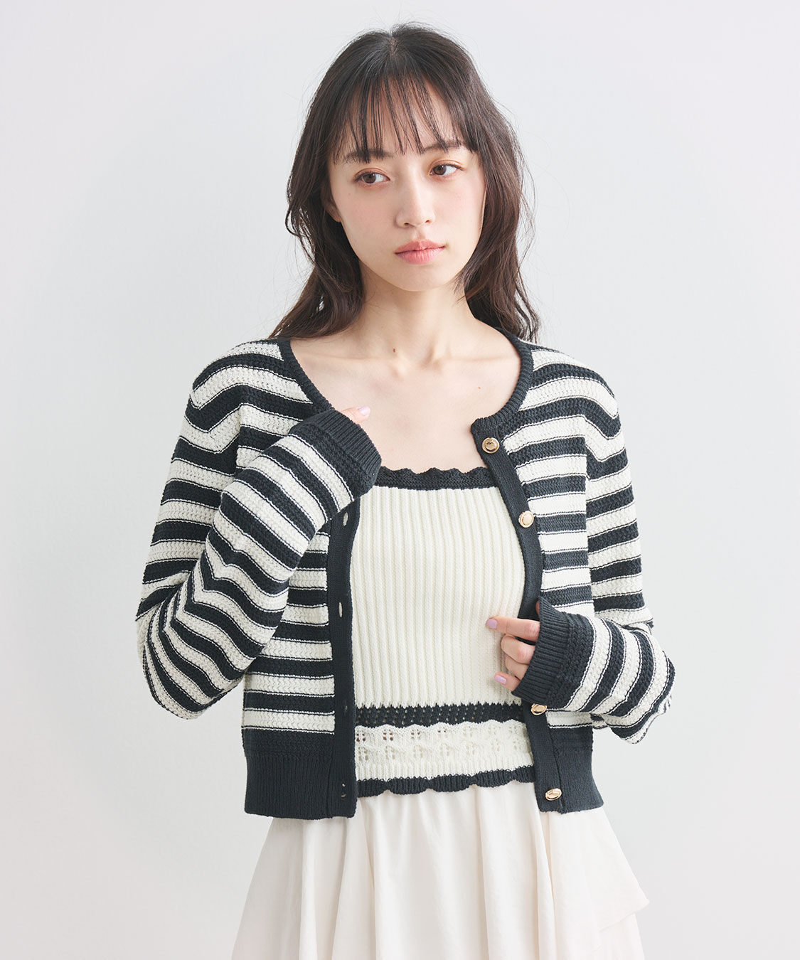 COCO DEAL「柄編みボーダーニットカーディガン」|ニット・セーター|