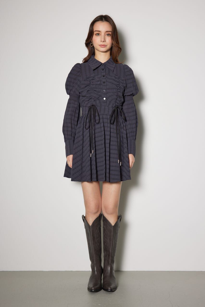 rienda「フロントシャーリングリボンミニシャツフレアワンピース」|ワンピース|