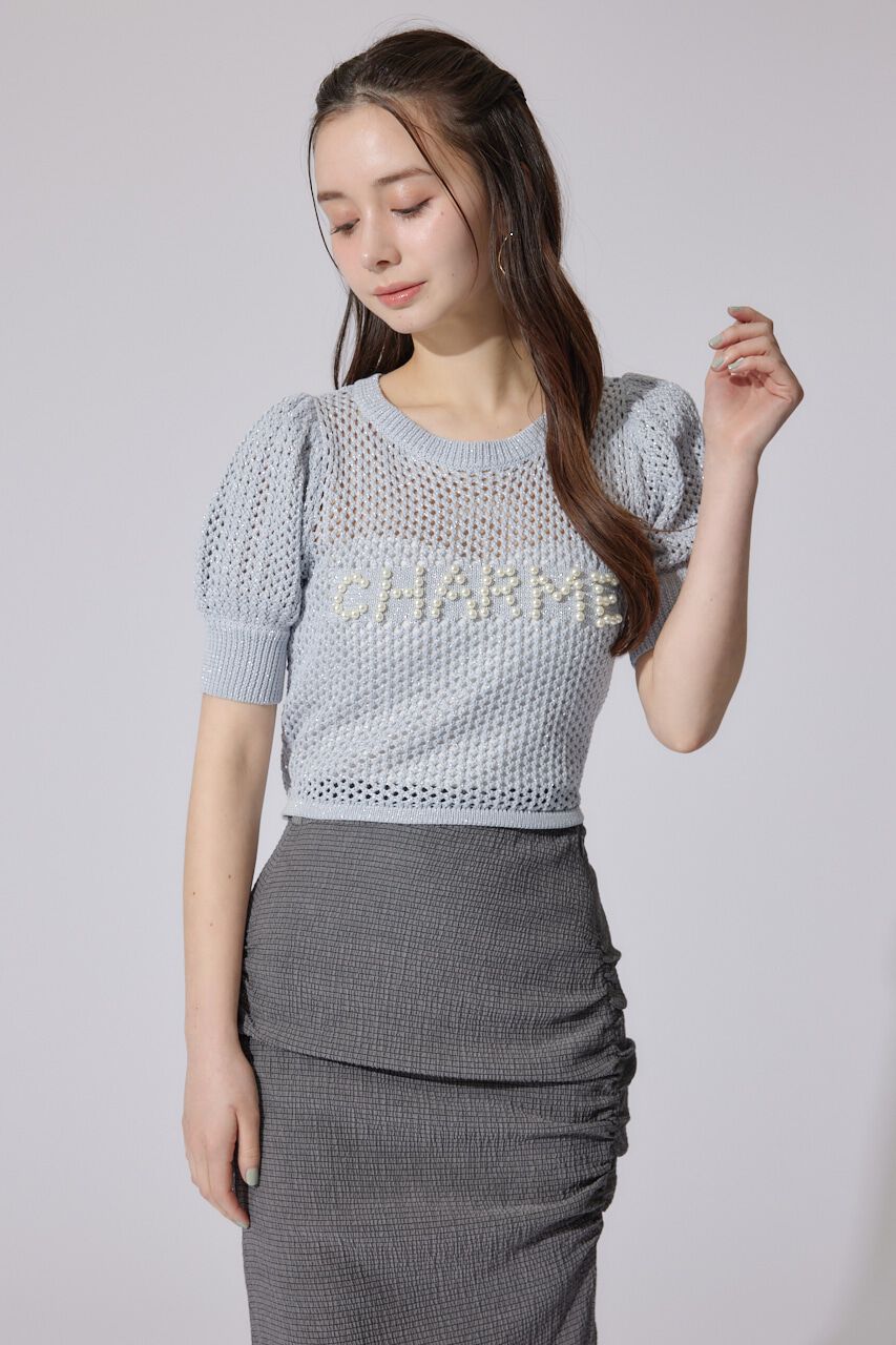 rienda「メッシュロゴショートニットトップス」|ニット・セーター|L/BLU1