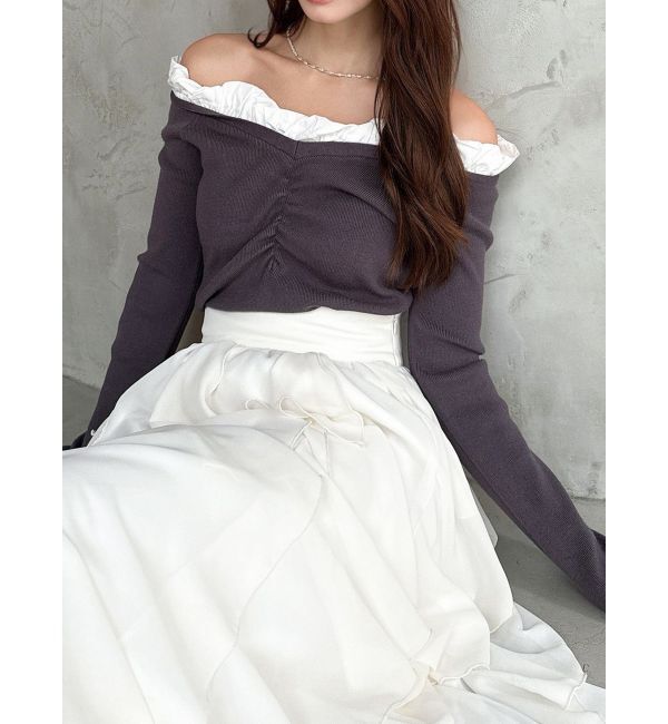 RESEXXY「ホイップフリルVネックニット」|ニット・セーター|チャコールグレー