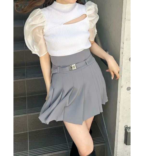 MERCURYDUO「2WAY異素材パフスリーブカットアウトニット」|ニット・セーター|オフホワイト