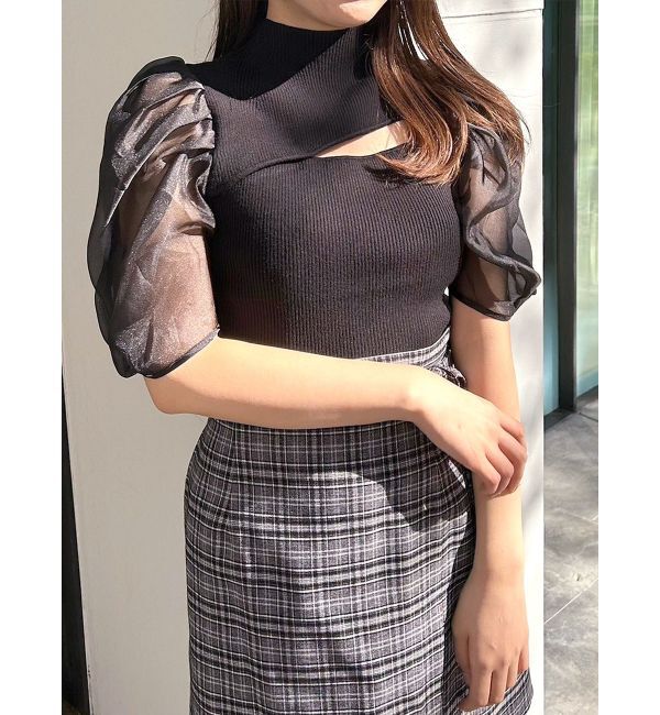 MERCURYDUO「2WAY異素材パフスリーブカットアウトニット」|ニット・セーター|