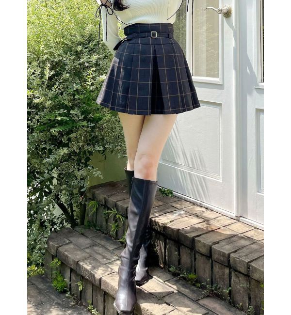 MERCURYDUO「ベルト付きチェックプリーツミニスカパン」|その他|ダークグリーン