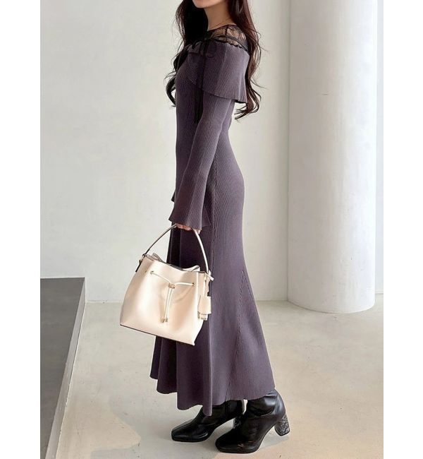 MERCURYDUO「レース切替オフショルニットワンピース」|ワンピース|