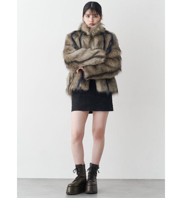 MURUA「フェイクファーラインジャガードコート」|ステンカラーコート|