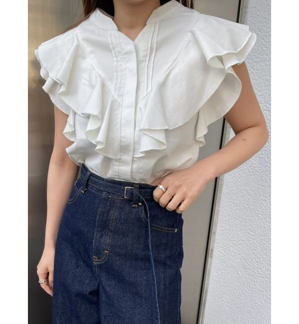 LAGUNAMOON「【Leeコラボ】Vネックフリルタックブラウス」|シャツ・ブラウス|オフホワイト