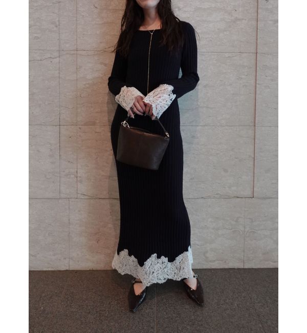 LAGUNAMOON「レースドッキングリブニットワンピース」|ワンピース|ネイビー