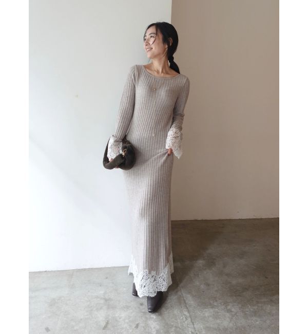 LAGUNAMOON「レースドッキングリブニットワンピース」|ワンピース|ベージュ