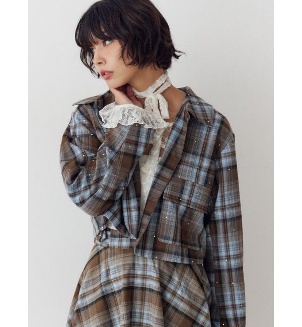 jouetie「ステンカラーラインストーンショートジャケット【セットアップ対応】」|テーラードジャケット|ブラウン