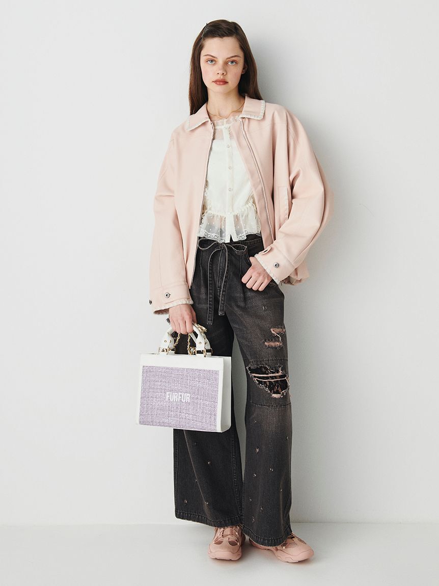 FURFUR「トリミング刺繍レザーライクブルゾン」|ブルゾン・スタジャン|