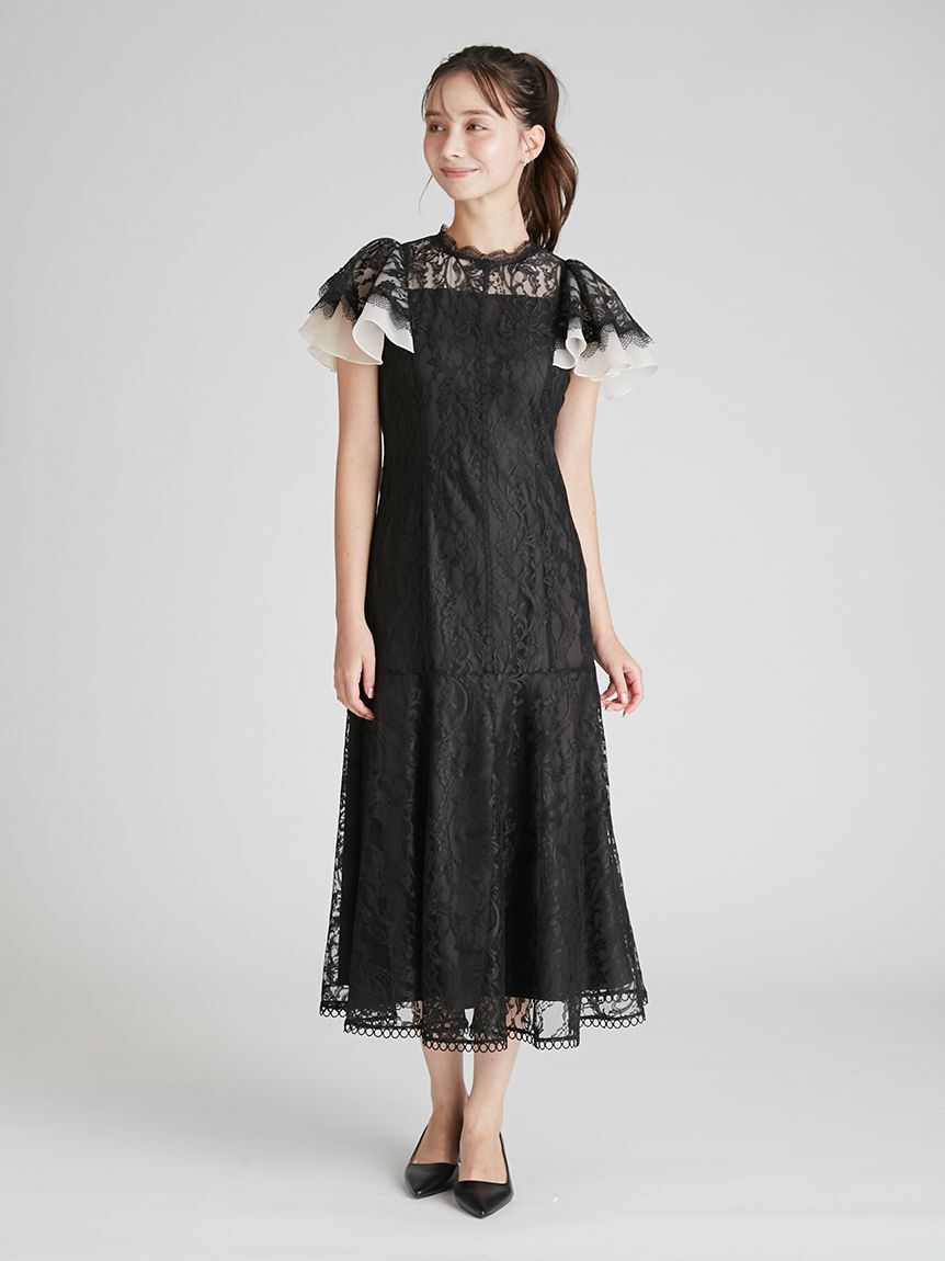 CELFORD「フレアスリーブレースマーメイドドレス」|ドレス|BLK