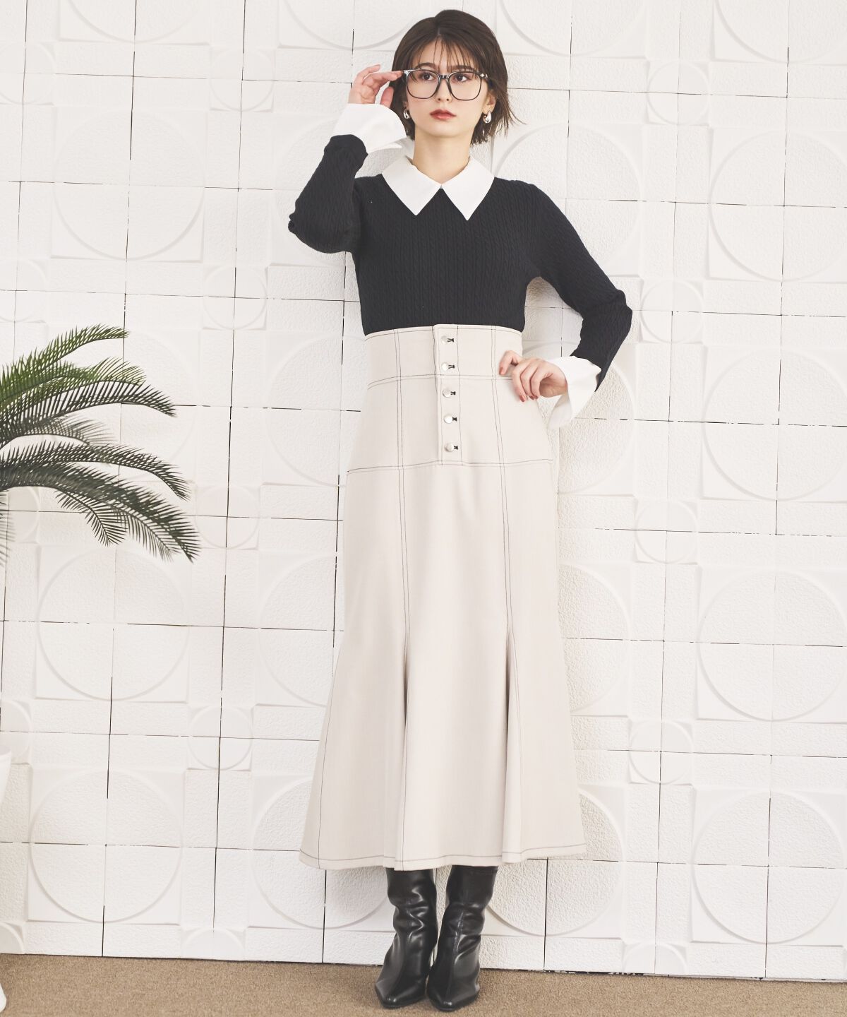 アンドクチュール「ハイウエストコルセットステッチスカート」|フレア|