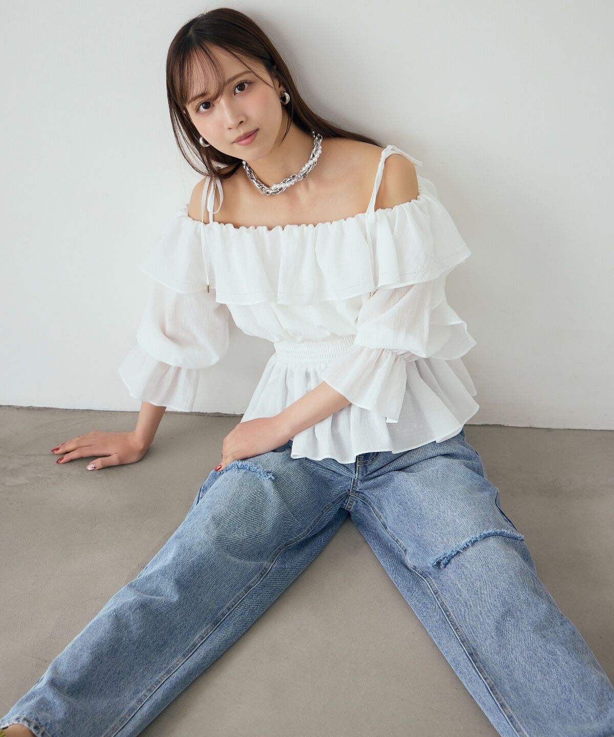 アンドクチュール「パール&times;ビジューダメージデニム」|デニム|