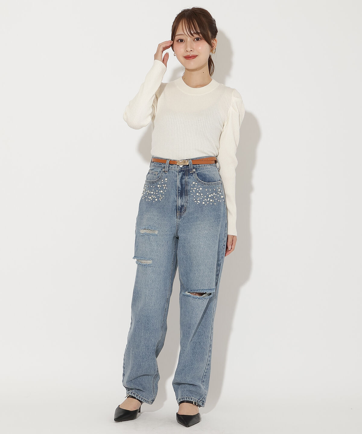 アンドクチュール「パール&times;ビジューダメージデニム」|デニム|