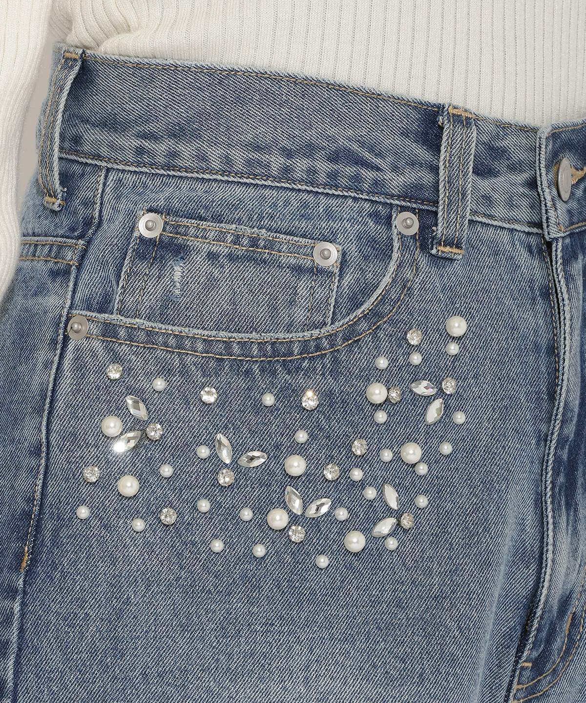 アンドクチュール「パール&times;ビジューダメージデニム」|デニム|