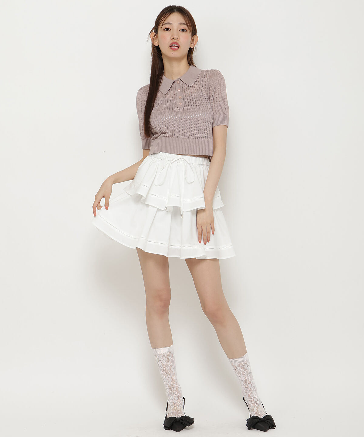 REDYAZEL「シアークロップドポロニットトップス」|ニット・セーター|