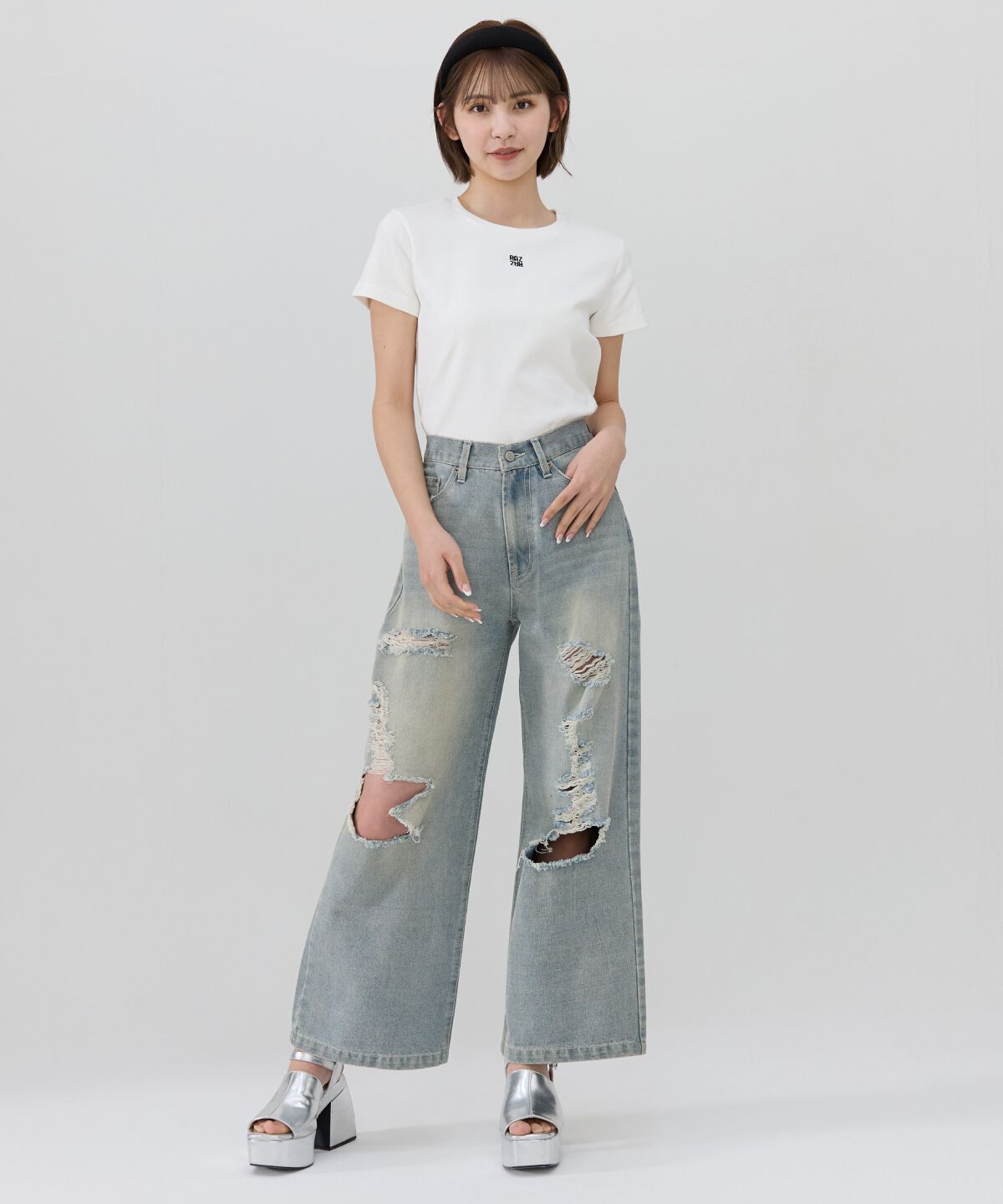 REDYAZEL「ダメージワイドデニムパンツ」|その他|ブルー