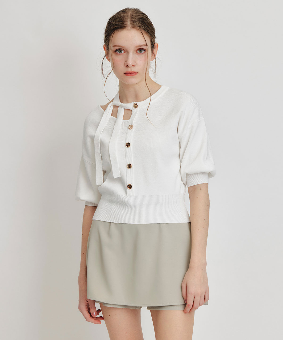 REDYAZEL「アシメカットデザインハーフスリーブニットプルオーバー」|ニット・セーター|