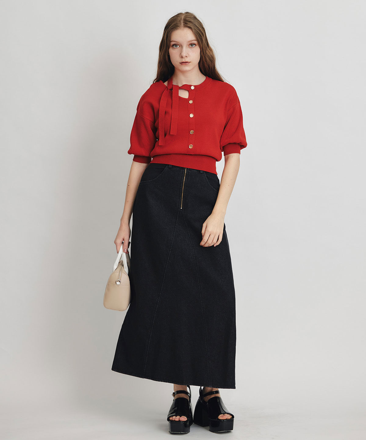 REDYAZEL「アシメカットデザインハーフスリーブニットプルオーバー」|ニット・セーター|