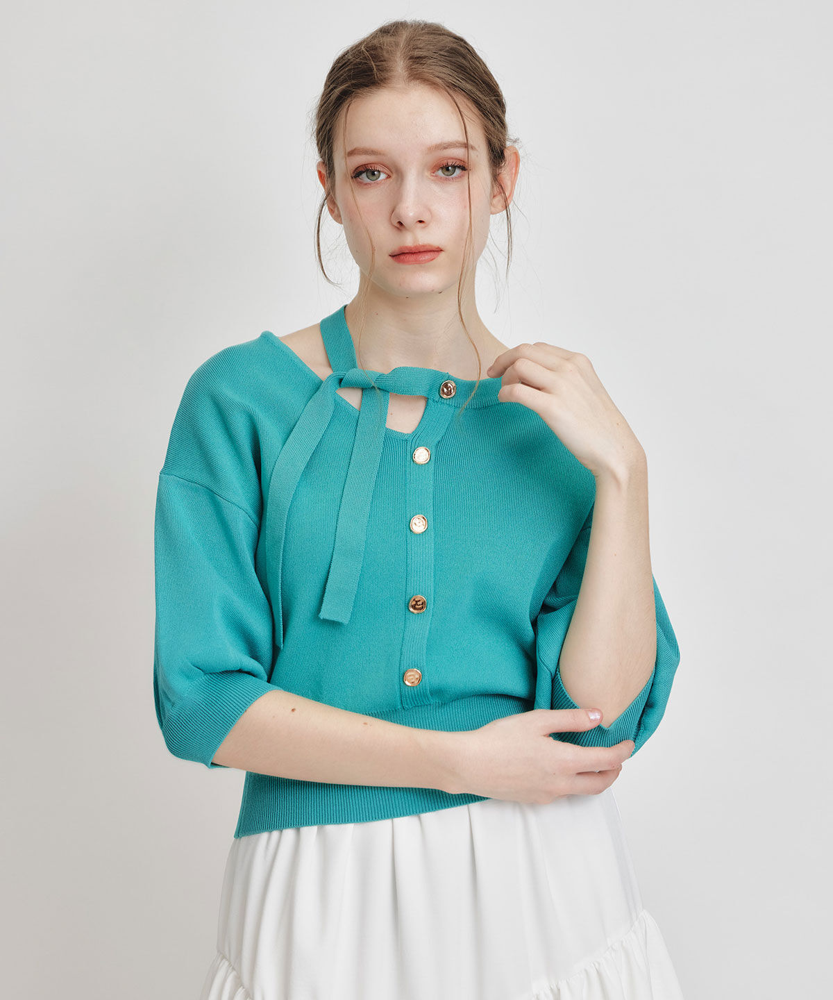 REDYAZEL「アシメカットデザインハーフスリーブニットプルオーバー」|ニット・セーター|