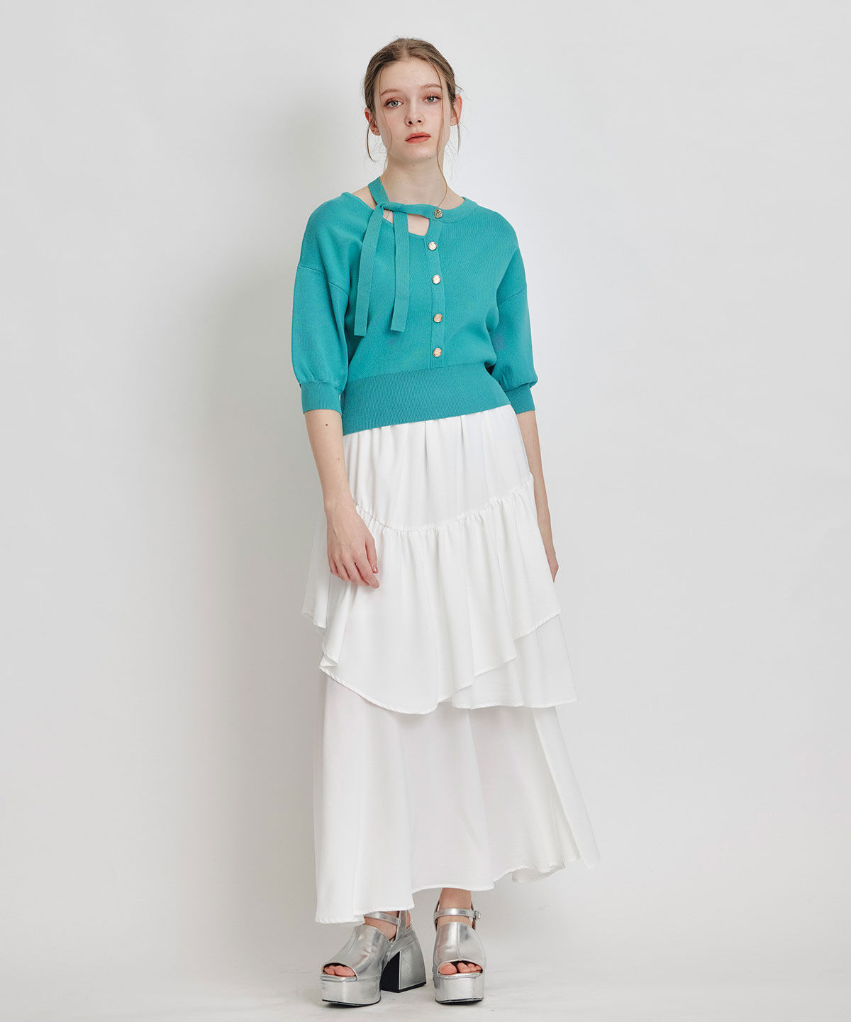 REDYAZEL「アシメカットデザインハーフスリーブニットプルオーバー」|ニット・セーター|