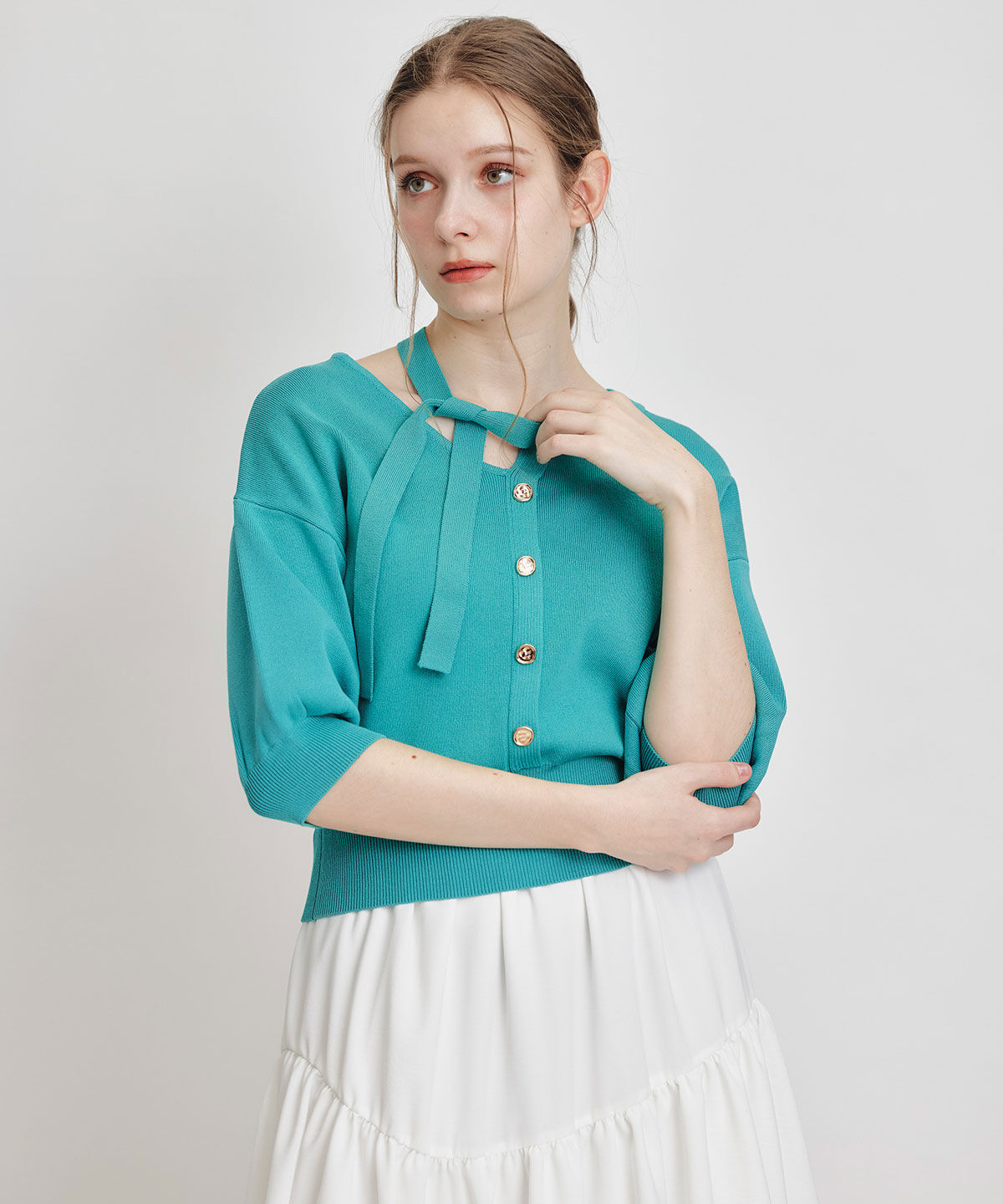 REDYAZEL「アシメカットデザインハーフスリーブニットプルオーバー」|ニット・セーター|