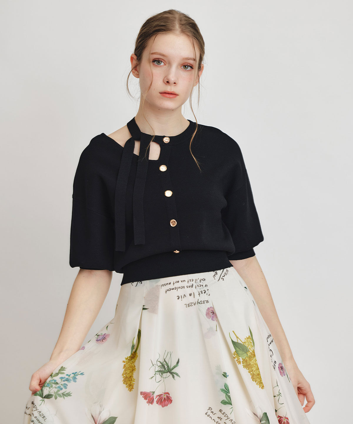 REDYAZEL「アシメカットデザインハーフスリーブニットプルオーバー」|ニット・セーター|