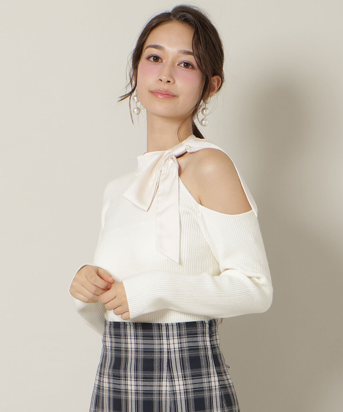 WILLSELECTION「ワンショルリボンタイリブニット」|ニット・セーター|オフ