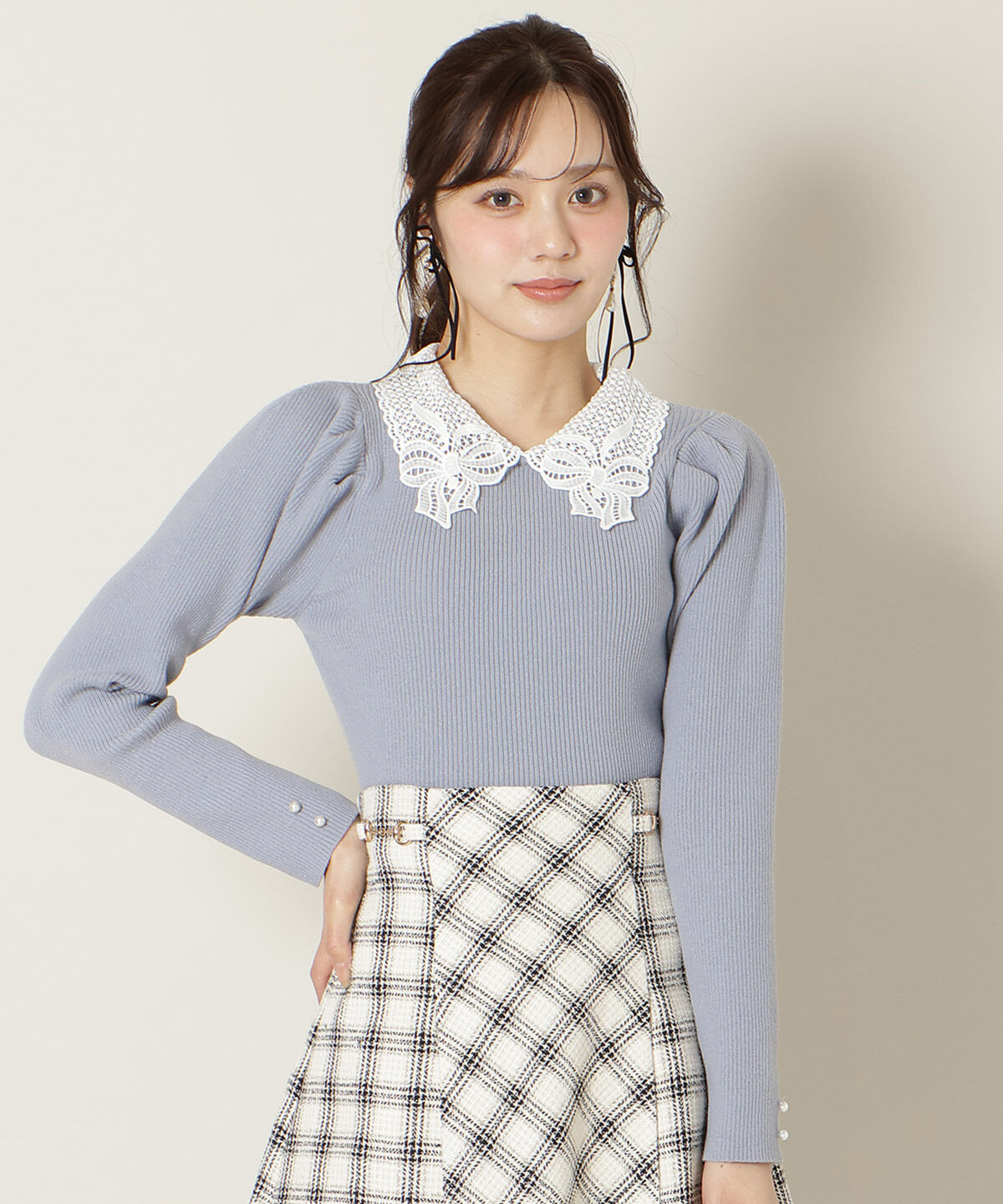 WILLSELECTION「リボンレースカラータックスリーブニット」|ニット・セーター|ブルー
