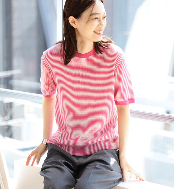 BEAMSBOY「【別注】Healthknit / ワッフル ボーダー Tシャツ」|Tシャツ・カットソー|PINK/OFF