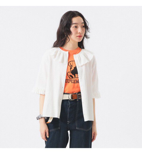 BEAMSBOY「ジャカード フリルギャザー ショートスリーブ」|Tシャツ・カットソー|OFF_WHT