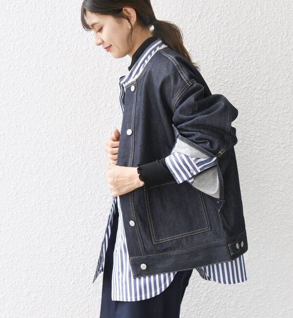 SHIPS any「《一部追加予約》SHIPS any: ノーカラー デニム ブルゾン［SHIPS any DENIM］」|デニムジャケット|ダークネイビー