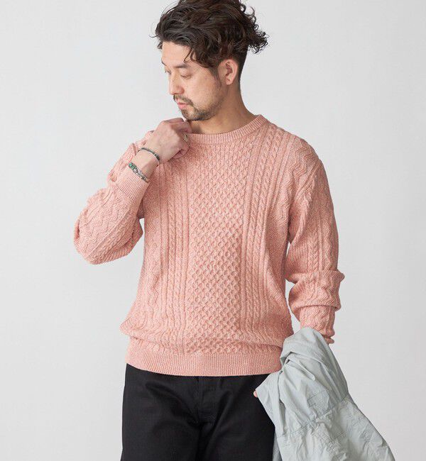 SHIPS「SHIPS:〈手洗い可能〉リネン/コットン TEXBRID(R) ランダムアラン クルーネックニット」|ニット・セーター|ピンク系