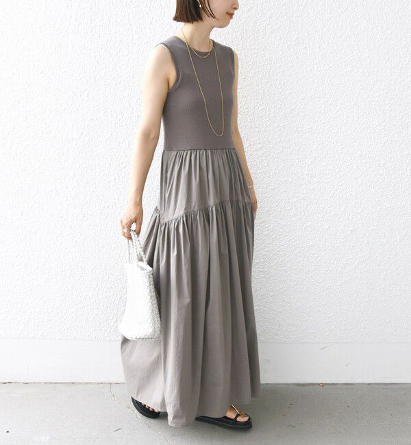 SHIPS for women「〈手洗い可能〉コットン リブ ノースリーブ &times; 布帛 スカート ワンピース」|ワンピース|