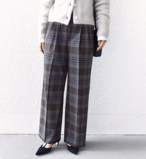 SHIPS for women「〈手洗い可能〉ウール混 チェック タック ワイド パンツ」|その他|ブラウン