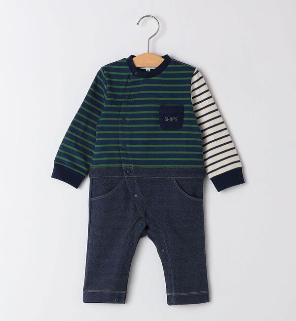 SHIPS KIDS「SHIPS KIDS:70～80cm / オーガニック コットン ボーダー ロンパース」|ロンパース|ネイビー