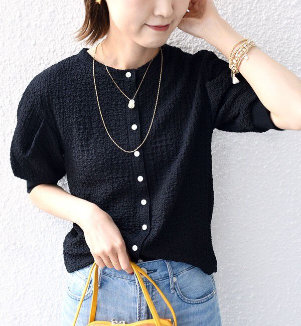 SHIPS for women「【WEB限定】〈手洗い可能〉バンピー シャーリング 5分袖 カーディガン」|カーディガン|ブラック