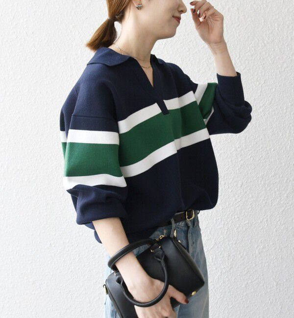 SHIPS any「SHIPS any:〈手洗い可能〉パネル ボーダー スキッパー ニット プルオーバー」|ニット・セーター|