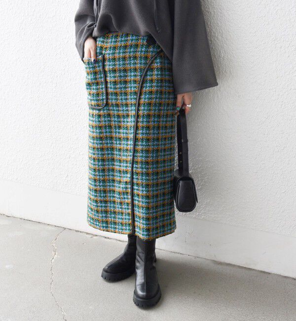 SHIPS any「SHIPS any: ブロック ツイード タイト スカート」|スカート|グリーン