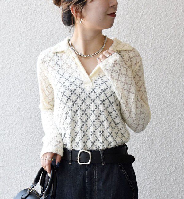 SHIPS any「SHIPS any:〈手洗い可能〉起毛 レース 開襟 スキッパー プルオーバー」|Tシャツ・カットソー|