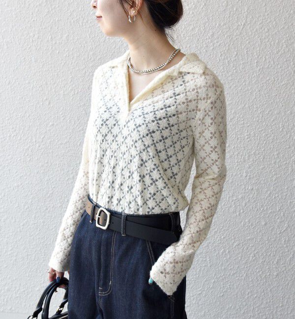 SHIPS any「SHIPS any:〈手洗い可能〉起毛 レース 開襟 スキッパー プルオーバー」|Tシャツ・カットソー|