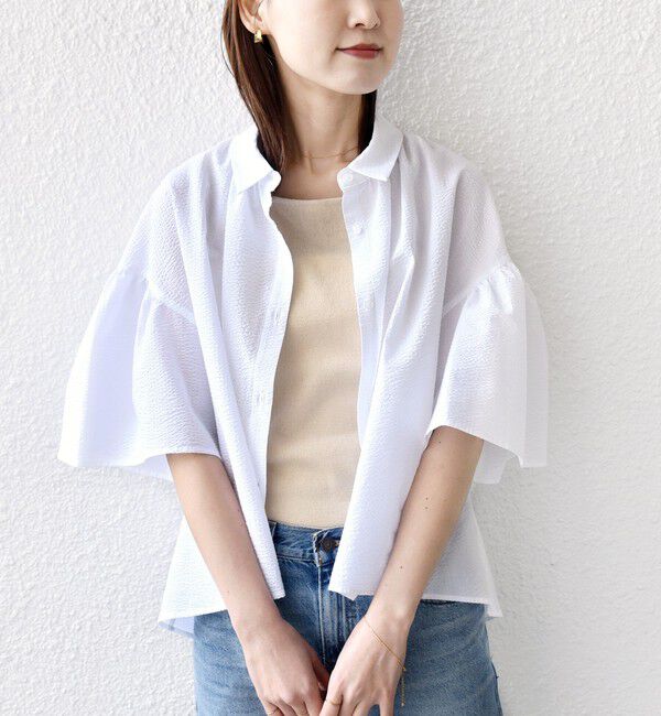 SHIPS for women「【WEB限定】〈手洗い可能〉サッカー ギャザー シャツ 羽織」|シャツ・ブラウス|ホワイト