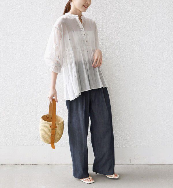 SHIPS for women「《予約》〈手洗い可能〉コットン オーガンジー リーフ 刺繍 袖 フリル ブラウス」|シャツ・ブラウス|