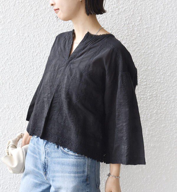 SHIPS for women「〈手洗い可能〉パッチワーク レース ショート スリーブ 羽織 ブラウス」|シャツ・ブラウス|ブラック