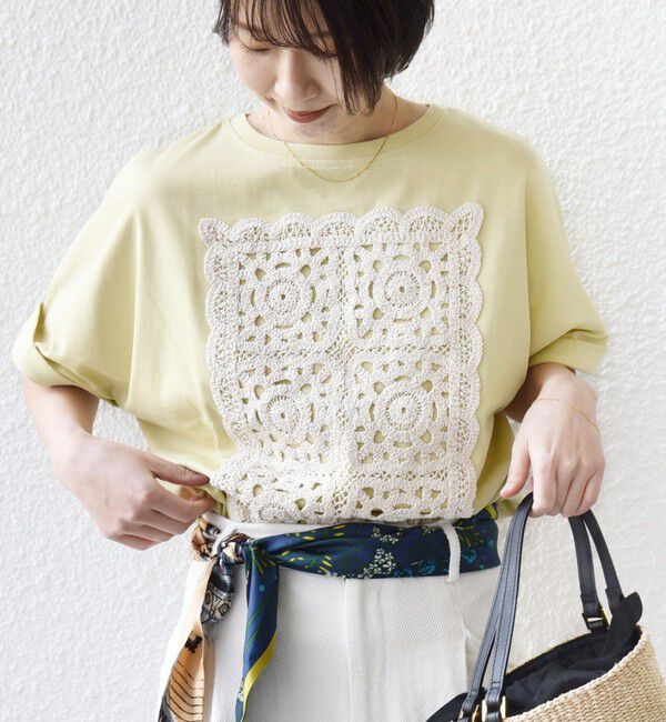 SHIPS for women「《予約》【WEB限定】〈汗染み防止/手洗い可能〉クロシェ ドッキング ショート スリーブ TEE」|Tシャツ・カットソー|イエロー系