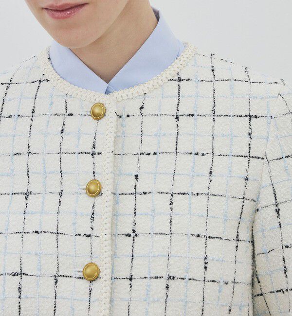 DES PRES「ループチェック クルーネックジャケット」|ノーカラージャケット|