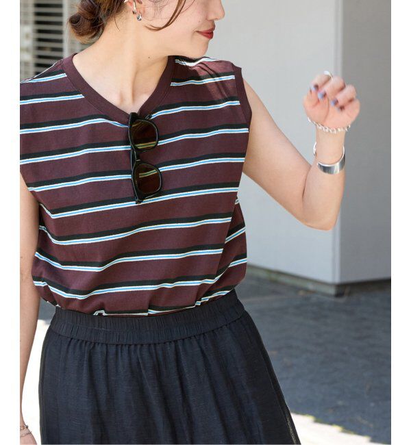 JOURNAL STANDARD「《追加4》汗ジミ防止天竺ボーダーノースリーブ」|Tシャツ・カットソー|ブラウン