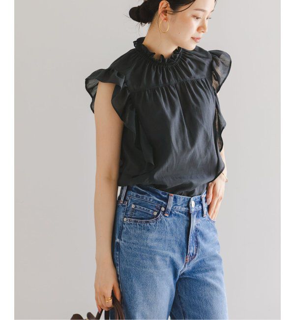 NOBLE「《追加4》【洗える】シャーリングフリルノースリブラウス」|シャツ・ブラウス|
